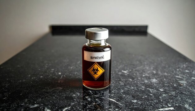 Amber liquid bromine in a sealed glass ampoule with a hazardous symbol on its label