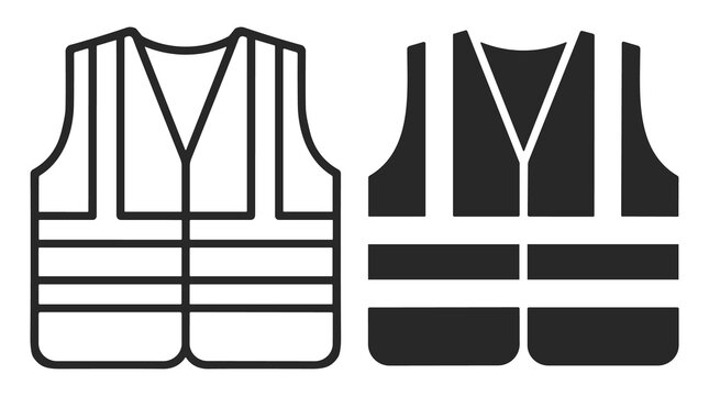Safety vest icon set in outline and solid style for design and construction safety visuals on transparent background