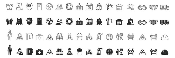 Fototapeta premium Collection of black and white icons representing safety equipment, construction, hazard warnings, protective gear, and emergency symbols on transparent background