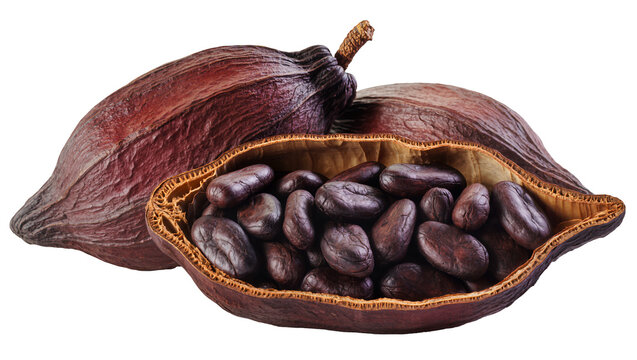 Dark red cocoa pods with opened pod revealing roasted beans