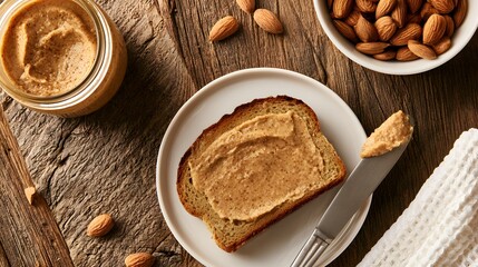 Fototapeta premium Almonds, almond butter, toast, wooden background, healthy snack
