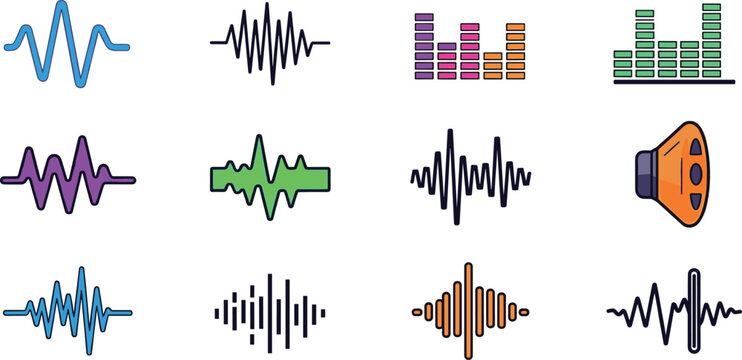 Audio Waveform and Sound Equalizer Vector Set with Music Signal Icons