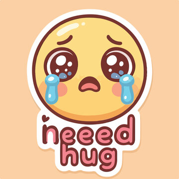 Cute yellow crying emoji sticker with big teary eyes and text asking for a warm hug on peach background color