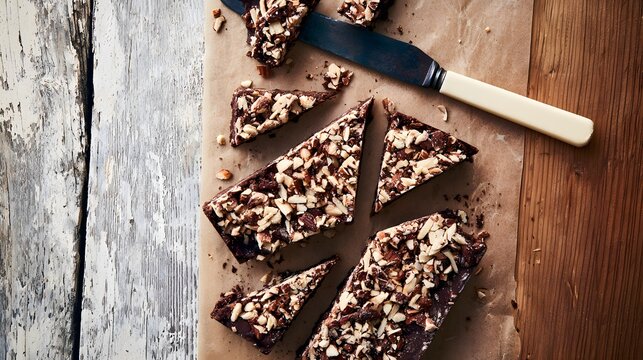Homemade chocolate nut bars sliced and arranged on parchment paper