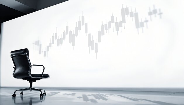 An empty office chair facing a monochromatic stock market candlestick chart on the wall; market holiday concept; empty space for text.