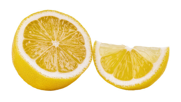 Half and slice of yellow lemon fruit