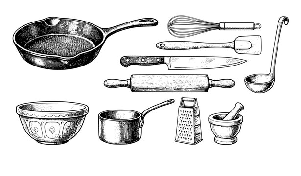 Cooking concept kitchen utensils vintage engraving vector illustration