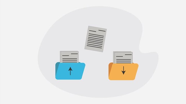 Flat Design Animation of Document Transfer Between Upload and Download Folders on Gray Blob Background, 4K Motion Graphic