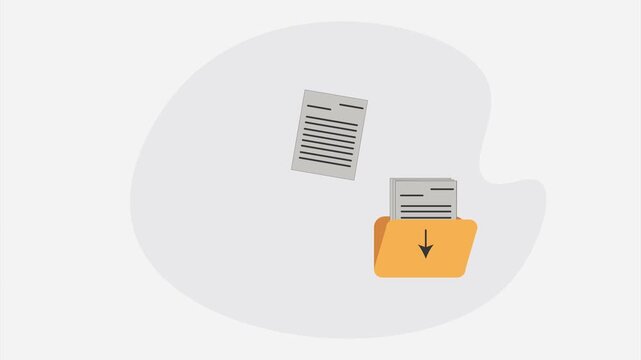 Flat Design Animation of Documents Flying into Download Folder on Light Gray Blob Background, 4K Motion Graphic