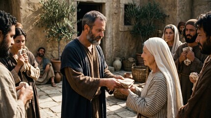Obraz premium Apostle Paul handing blessed handkerchief to an elderly woman for healing. Biblical miracle scene from Acts of the Apostles. Ancient religious narrative and faith based ministry concept.