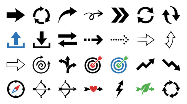 Arrows and Refresh Icons Vector Set with Curved Loops, Redirects, Targets, and Growth Symbols for Ui Navigation