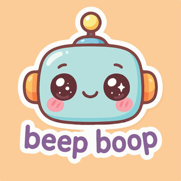 Cute blue robot character with shiny eyes and a happy expression designed as a fun sticker for kids and technology