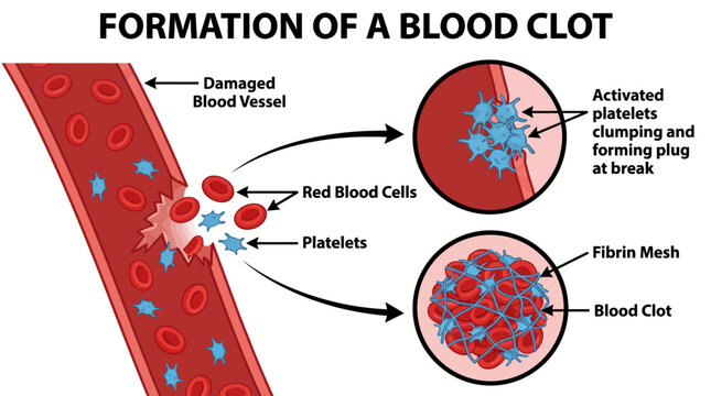 Infographic illustrating the formation of a blood clot in a damaged blood vessel with red blood cells platelets and fibrin mesh