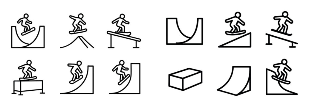 Sports icons with skateboard ramp and rail outline