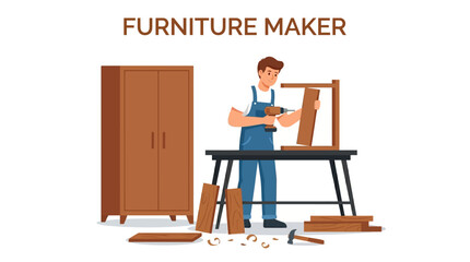 Fototapeta premium Illustration of a furniture maker assembling a chair at a workbench with tools and wood pieces around him.