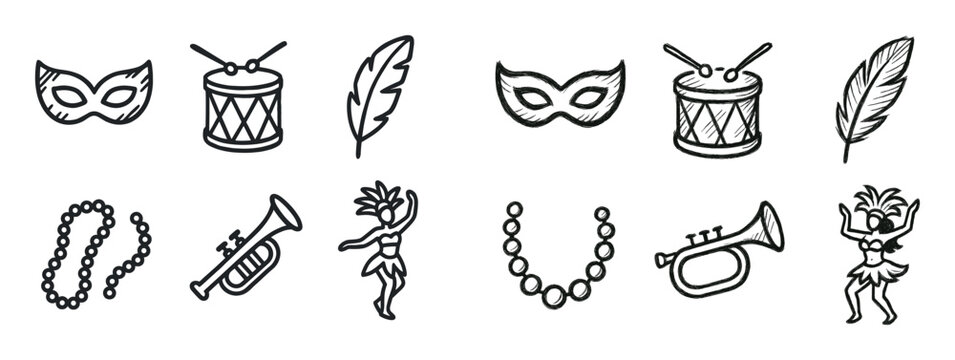Carnival icons with mask drum feather outline