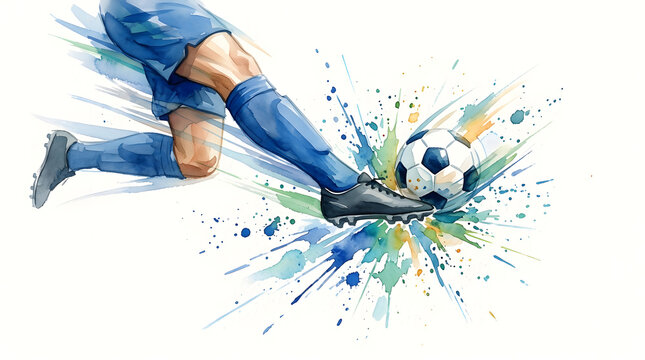 Dynamic watercolor illustration of a soccer player's leg kicking a ball with colorful paint splatters.