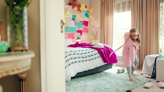 Ballet, child or dance with jump in bedroom for learning routine, creative movement or growth. Girl, ballerina or choreography in home for performance practice, recital rehearsal or skill development