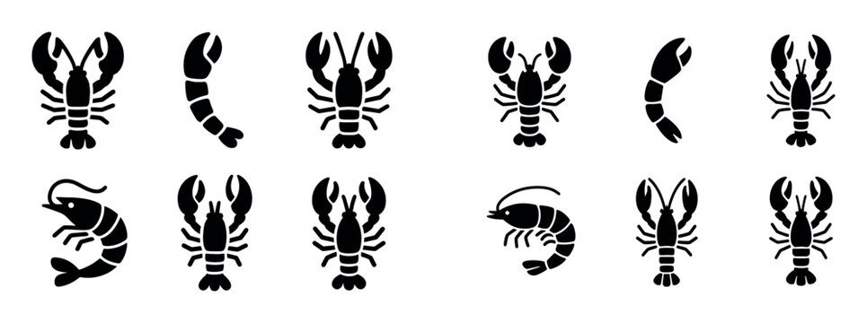 Seafood icons with lobster shrimp prawn silhouette
