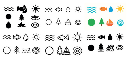 Fototapeta premium Sea icons with fish boat tree flat minimal