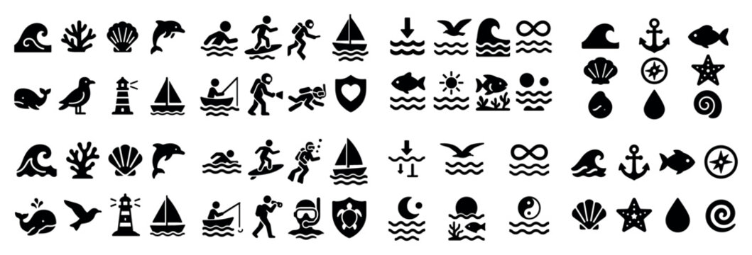 Ocean icons with wave shell dolphin outline