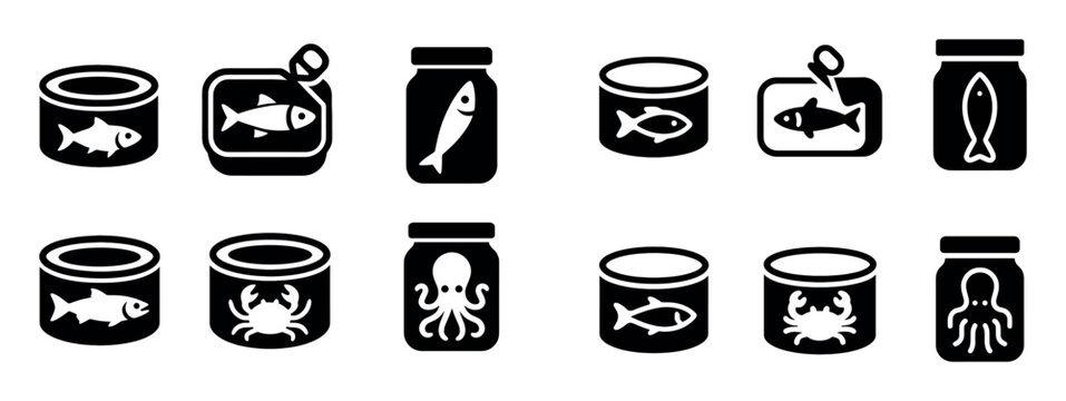 Seafood icons with fish crab octopus bold