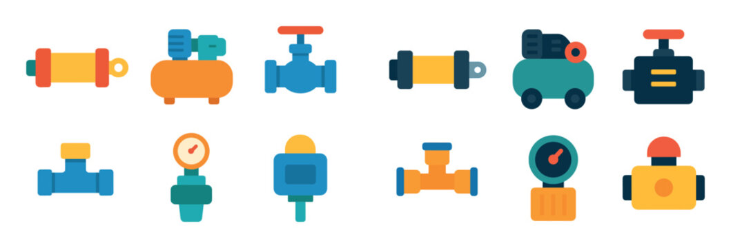 Industrial icons with valve compressor gauge colorful