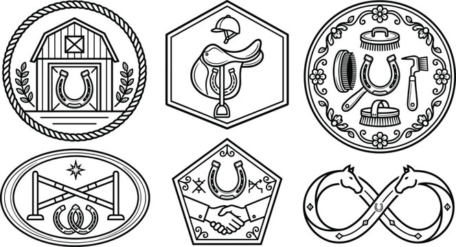 Equestrian horse riding line art vector badge collection featuring saddles barns horseshoes show jumping hurdle emblem designs