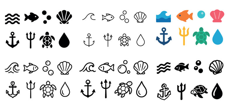 Marine icons with anchor fish and shell outline line