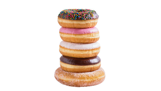 Stack of five assorted frosted donuts with sprinkles