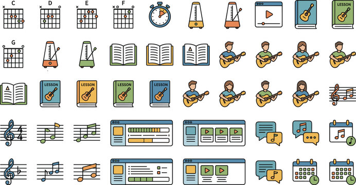 Online guitar lesson music education vector icon set featuring chord charts metronomes books sheet music tutorial dashboards