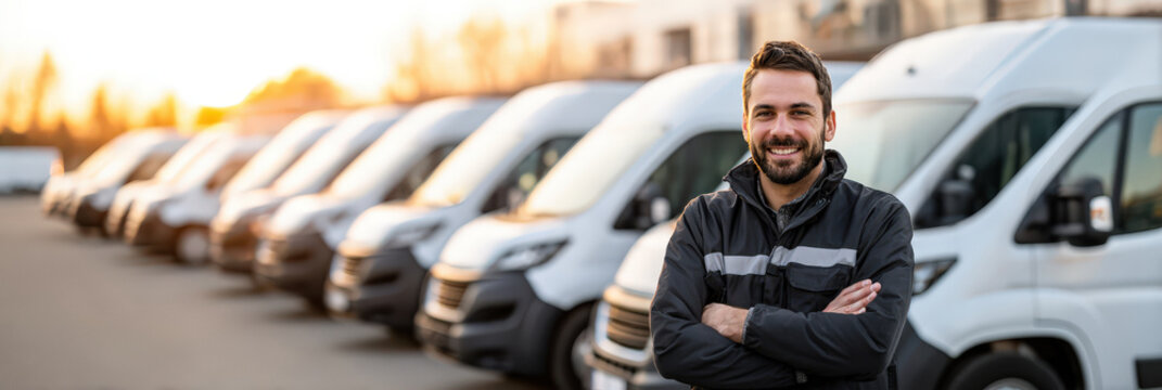 smiling delivery driver standing with arms crossed in front of a fleet of vans, representing logistics, transportation, courier service and small business operations