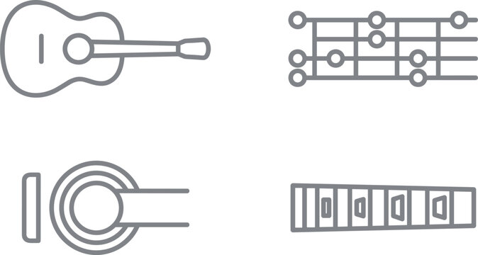 Minimalist linear musical instrument vector icon set with acoustic guitar fretboard tab charts headphones piano keyboard elements