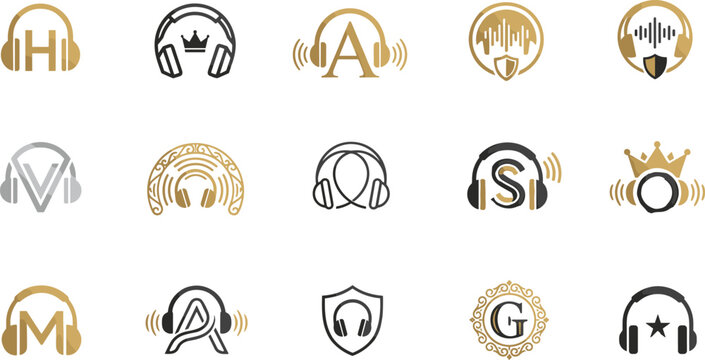 Luxury golden headphone music logo badges and monogram audio letter insignia vector collection for premium branding identities