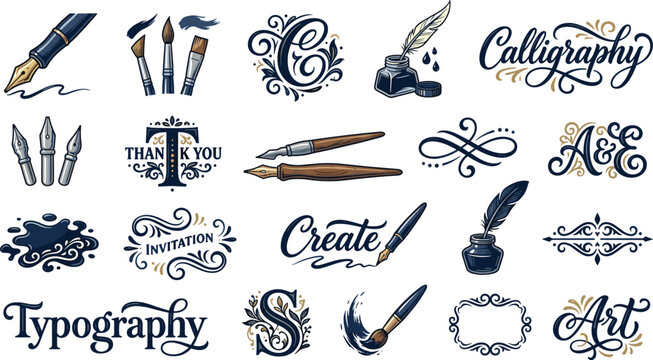 Vintage calligraphy and typography lettering vector icon set with fountain pens feather quills monograms flourishes art elements