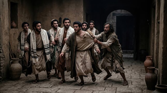 Seven sons of Sceva fleeing from a man possessed by an evil spirit. Bible scene from the Acts of the Apostles. Ancient historical narrative of faith, spiritual warfare and defeat.
