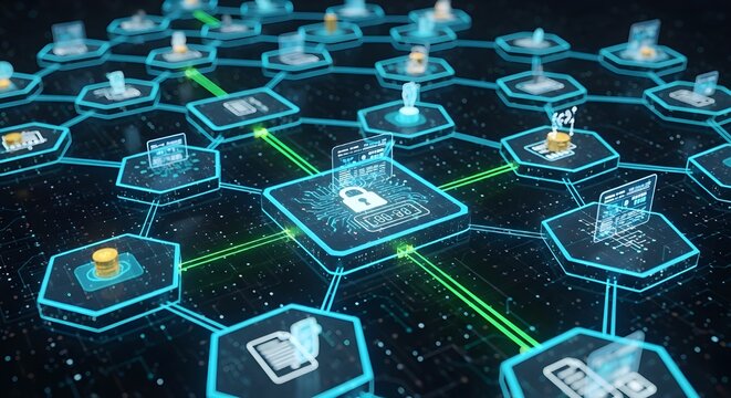 Blockchain network technology concept with data security lock icon on microchip