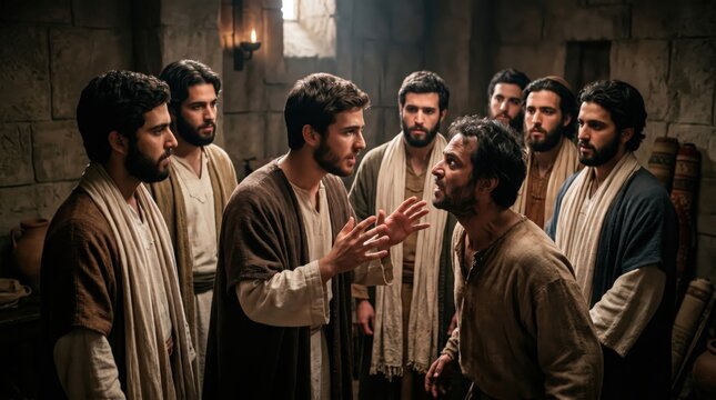 Group of men arguing in ancient room. Biblical scene depicting sons of Sceva encountering man possessed by evil spirit. Religious historical drama reenactment capturing conflict and faith.