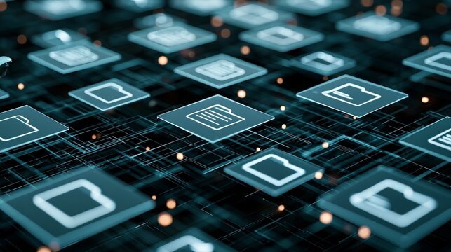 Glowing digital file folder icons arranged on a dark abstract background representing modern cloud data storage