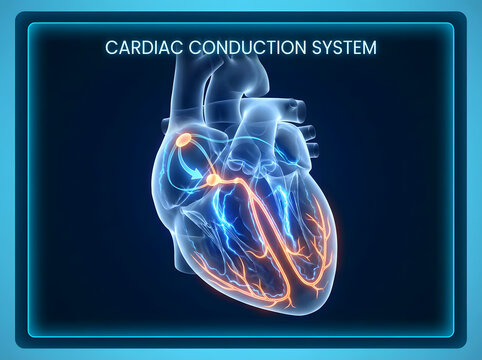 The cardiac conduction system of a human heart is illustrated.