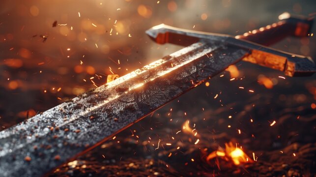 Forged steel sword glowing with heat and flying sparks, AI-generated.