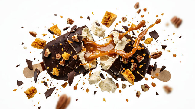 A dark chocolate ice cream bar cracked open mid-air revealing vanilla bean ice cream inside with caramel, pecans, honeycomb, and chocolate shards exploding outward.