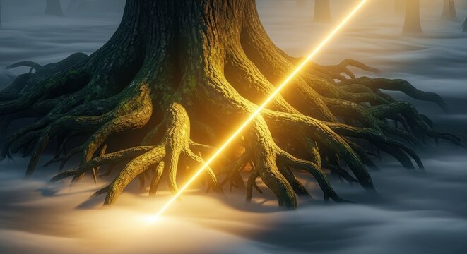 A focused beam of golden magic light illuminates ancient roots and thick forest fog, creating a mystical and cinematic fantasy scene, glow, sublime, golden