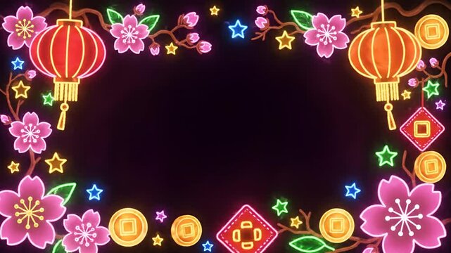 Vibrant Neon Chinese New Year Border with Lanterns and Flowers.