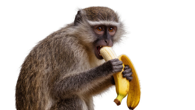 Monkey eating a peeled banana