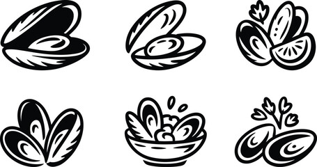 Six stylized vector illustrations of mussels and clams with lemon and parsley on a transparent background © graphicssajib