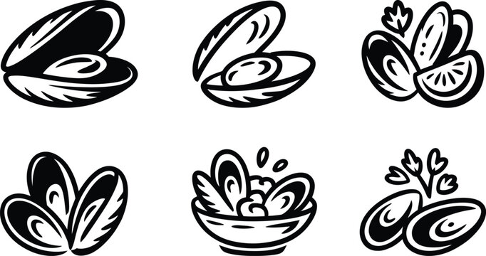 Six stylized vector illustrations of mussels and clams with lemon and parsley on a transparent background