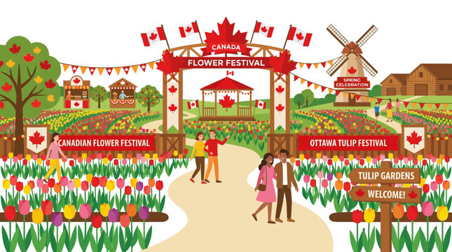 Canadian Flower Festival Entrance with Tulip Gardens and People