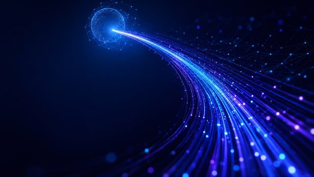 Blue abstract digital wave with light particles. Futuristic flow of data and technology connection. Network internet communication stream and cyber space concept of information speed.