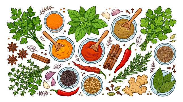 Vibrant array of aromatic culinary herbs and spices, essential ingredients for global cuisine preparation and gourmet cooking